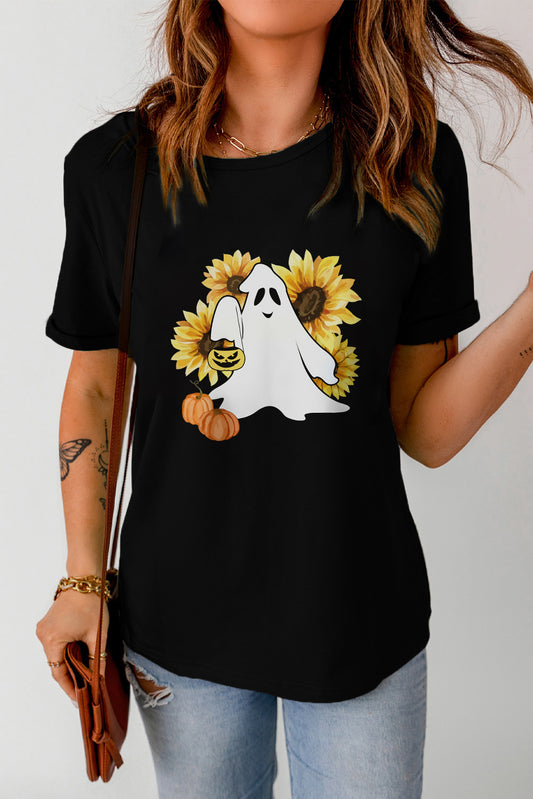 Halloween Floral Ghost Graphic Tee Shirt