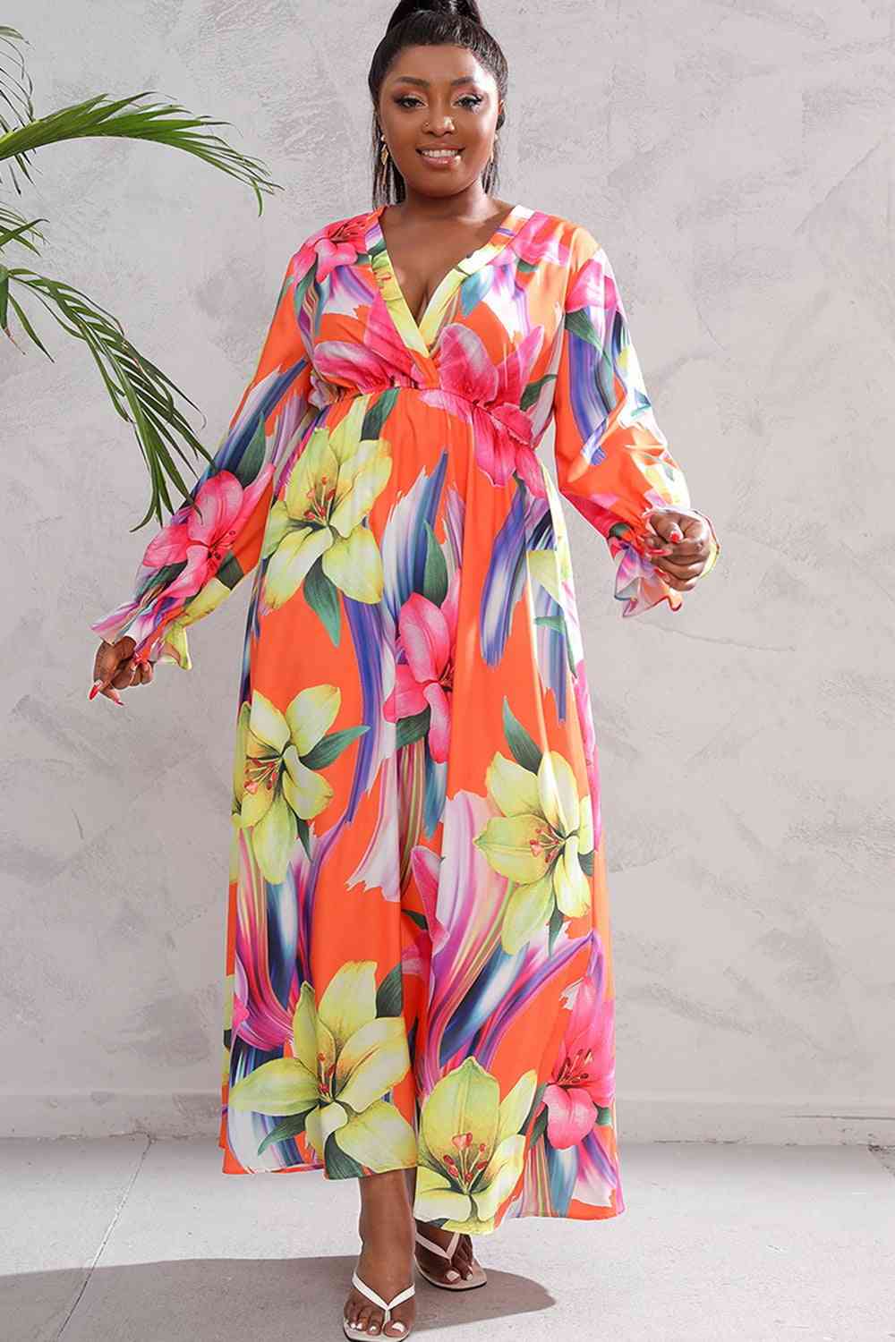 Plus Size Printed Flounce Sleeve Maxi Dress