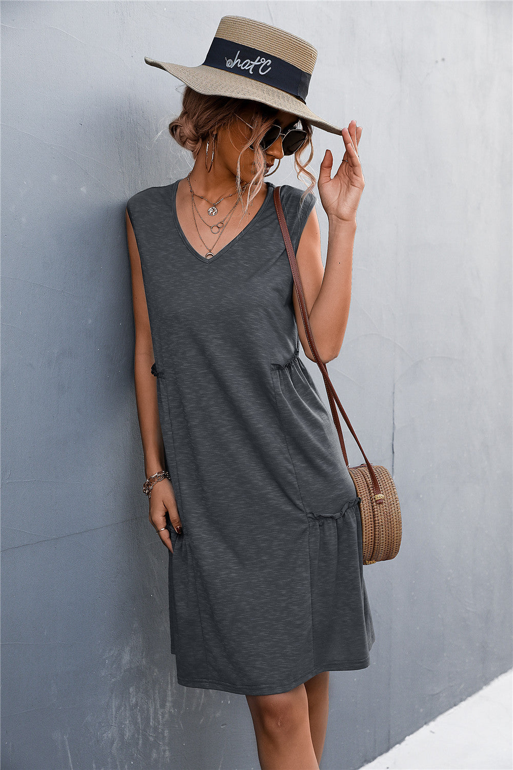 V-Neck Frill Trim Sleeveless Dress