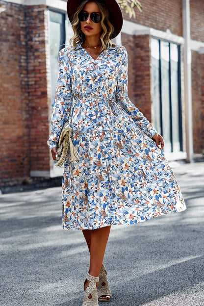 Printed Button Front Belted Tiered Shirt Dress