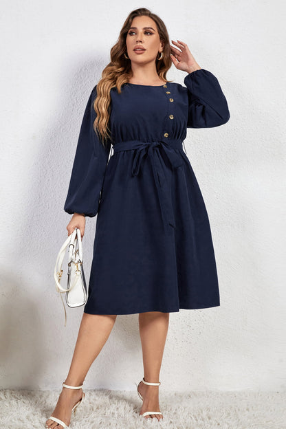 Plus Size Buttoned Tie Belt Round Neck Long Sleeve Dress