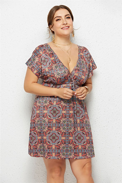 Printed Plunge Plus Size Dress