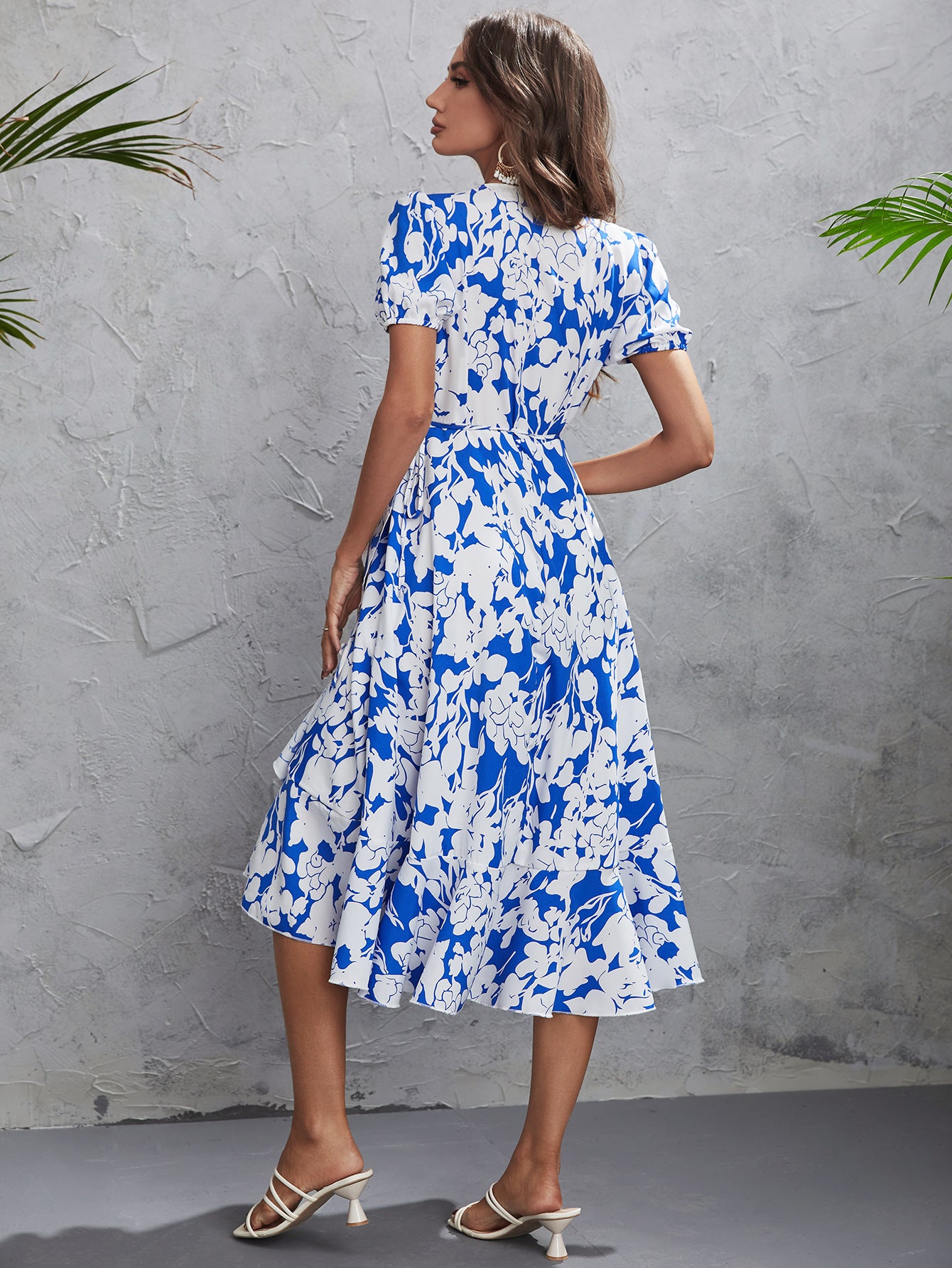 Floral Short Puff Sleeve Surplice Dress