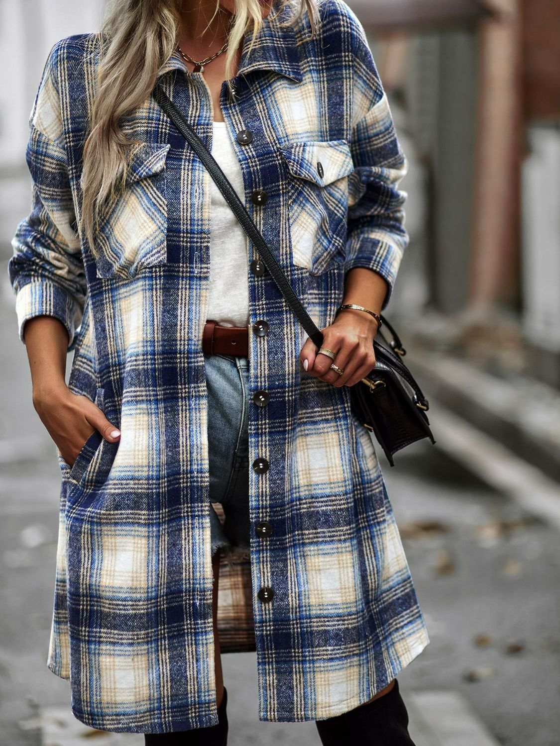 Plaid Button-Up Longline Jacket with Pockets