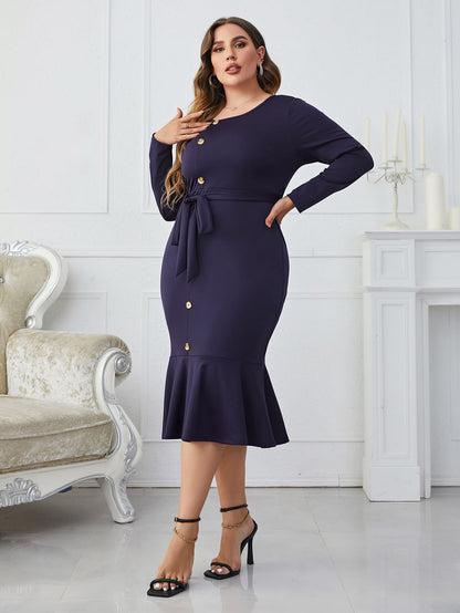 Plus Size Buttoned Round Neck Tie Belt Midi Dress