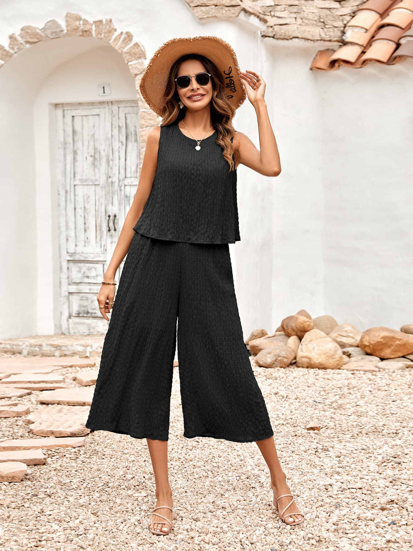 Textured Round Neck Sleeveless Wide Leg Jumpsuit