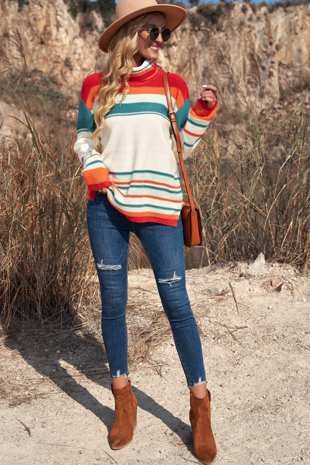 Striped Turtleneck Drop Shoulder Sweater