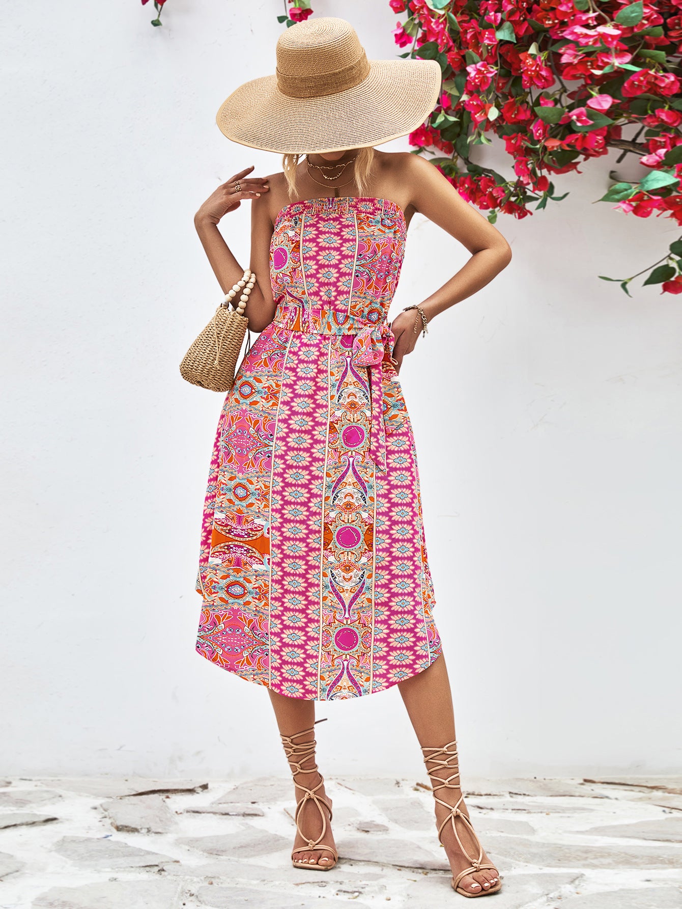 Printed Strapless Tie Belt Dress