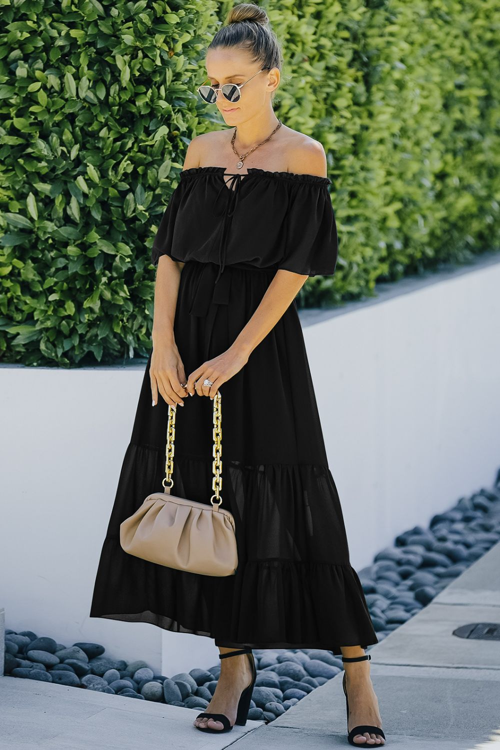 Tie Front Off-Shoulder Belted Tiered Maxi Dress