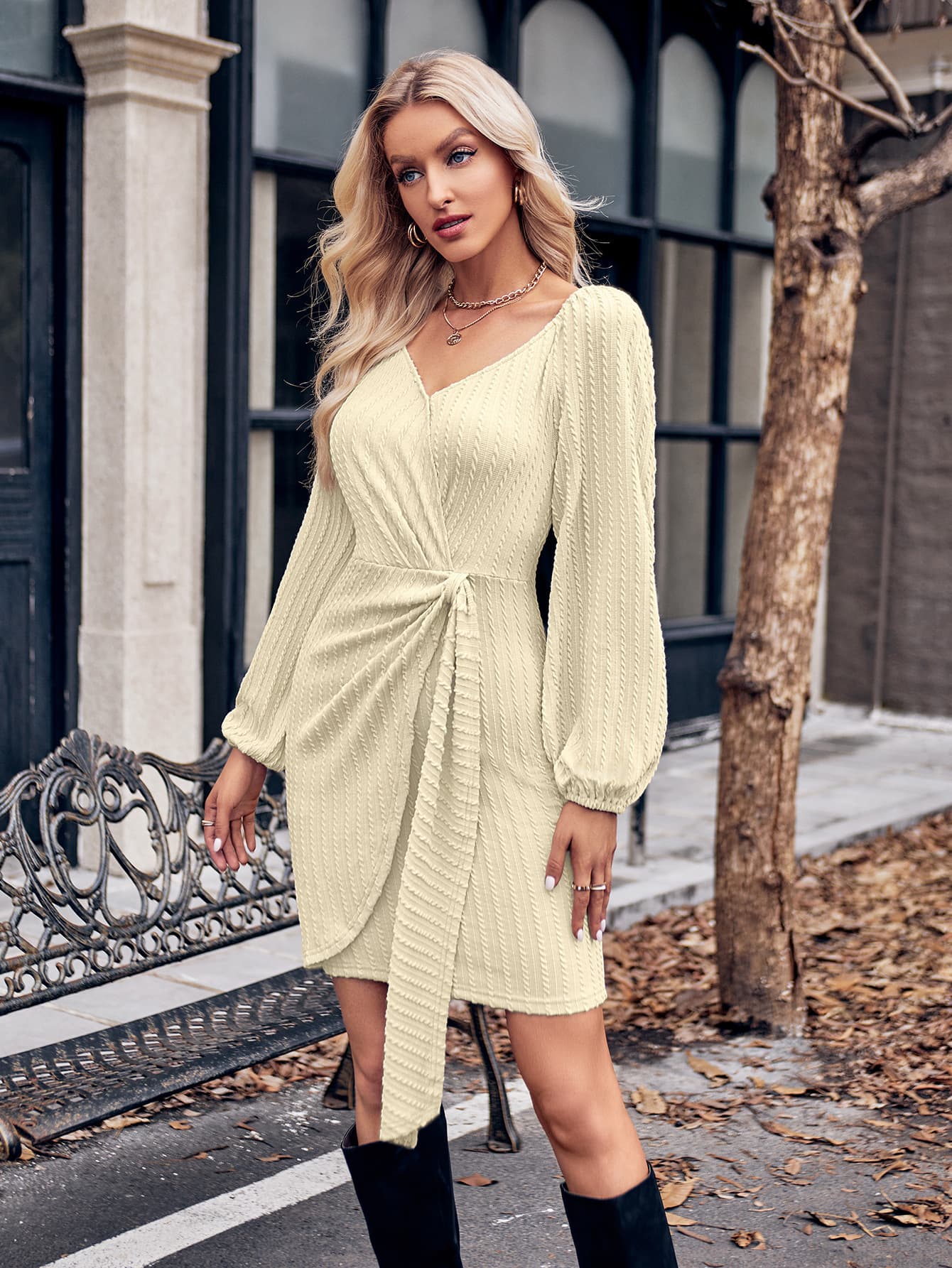 Asymmetrical Surplice Puff Sleeve Mini Dress