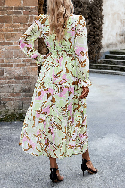 Printed Surplice Neck Flounce Sleeve Midi Dress