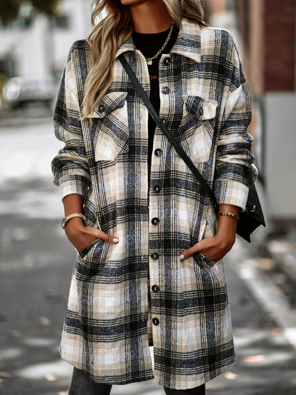 Plaid Button-Up Longline Jacket with Pockets