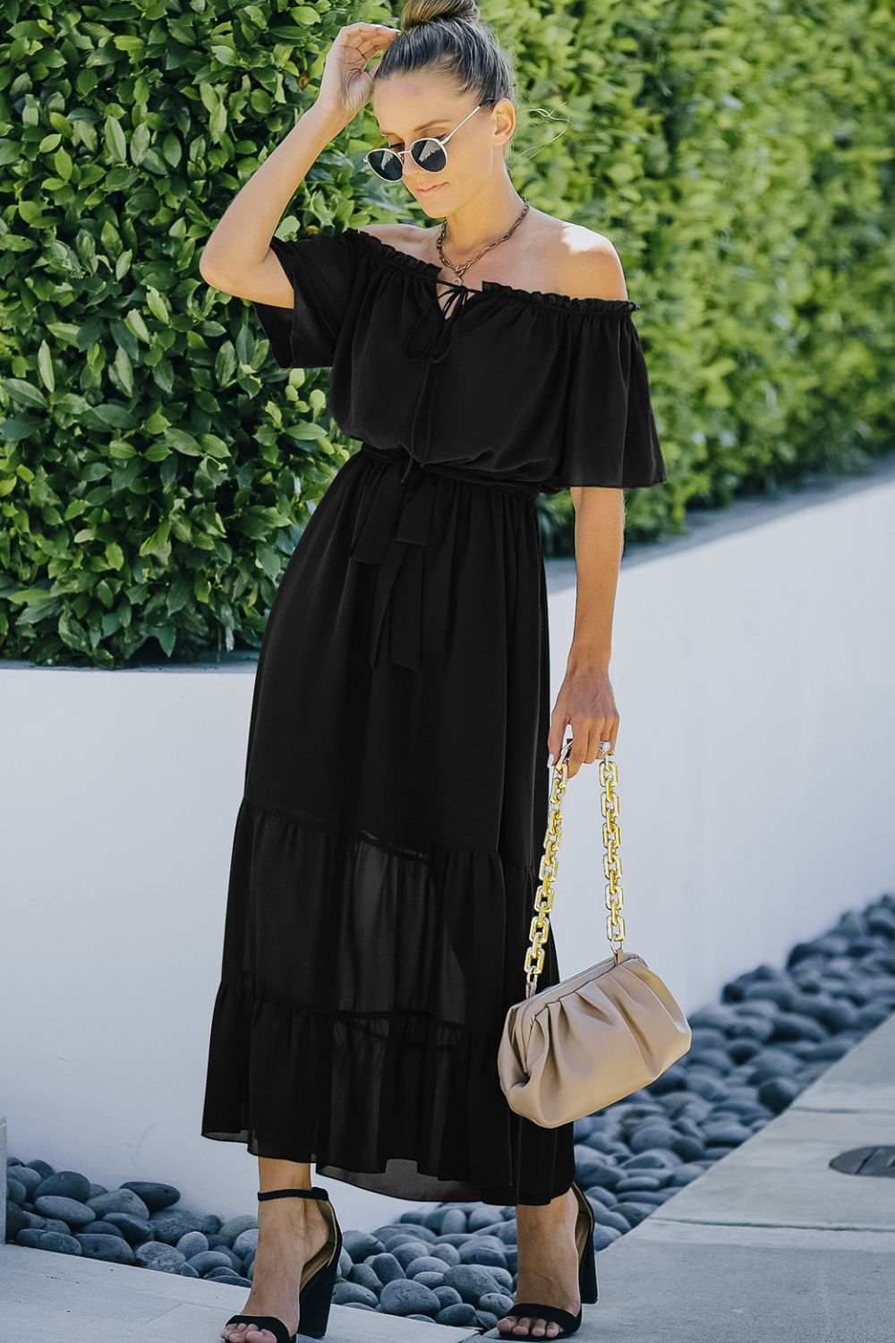 Tie Front Off-Shoulder Belted Tiered Maxi Dress