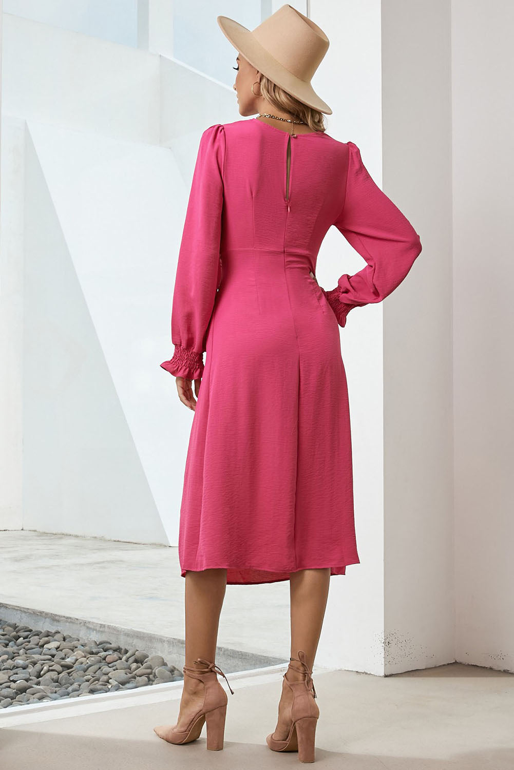 Twist Front V-Neck Flounce Sleeve Dress