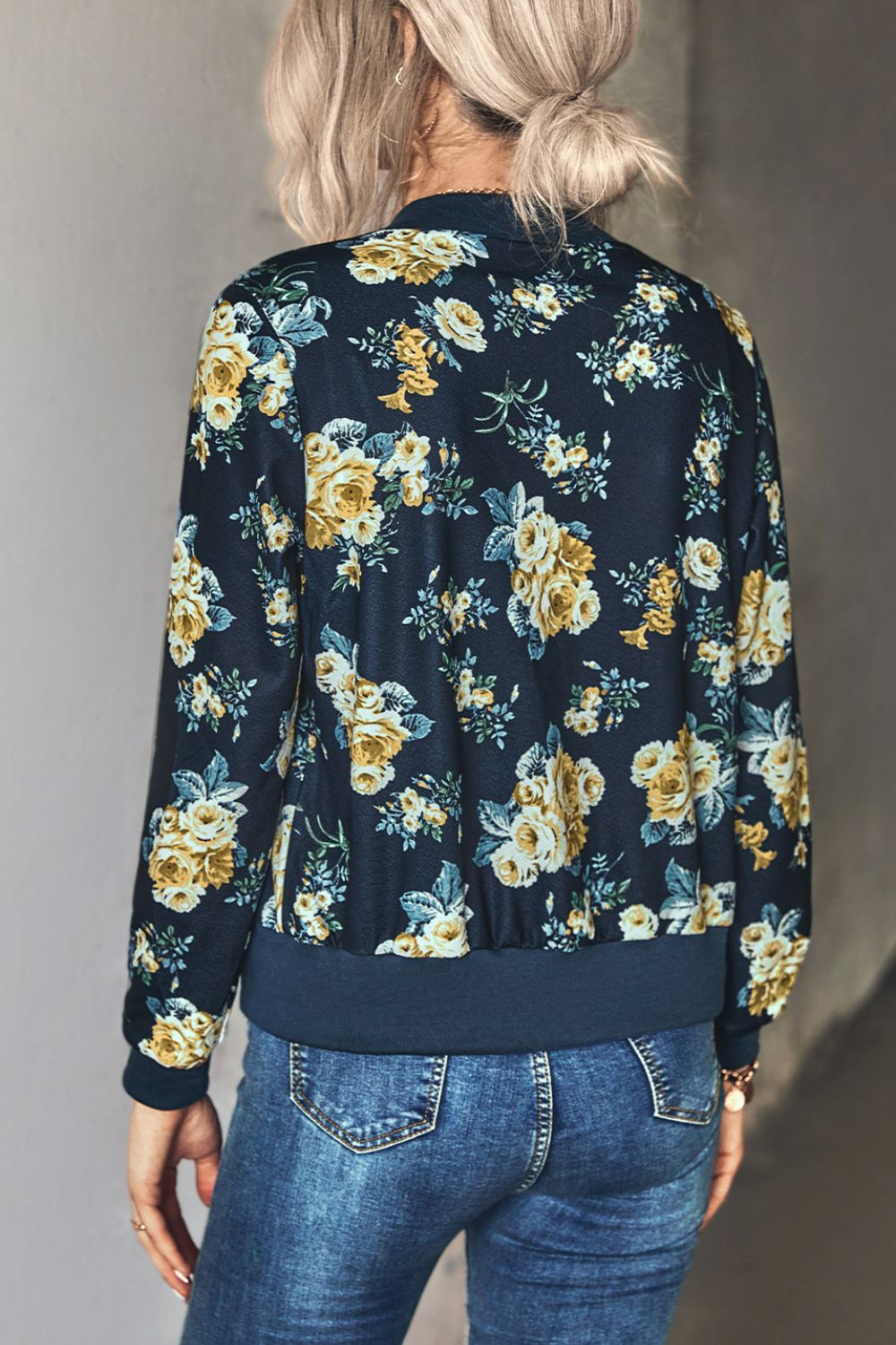 Floral Zip Up Ribbed Trim Bomber Jacket