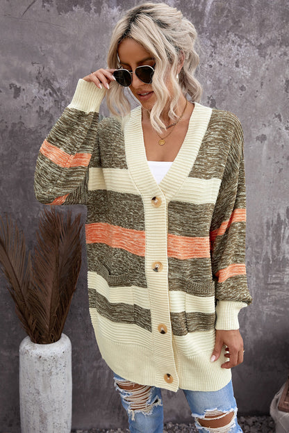Striped Button Down Longline Cardigan with Pockets