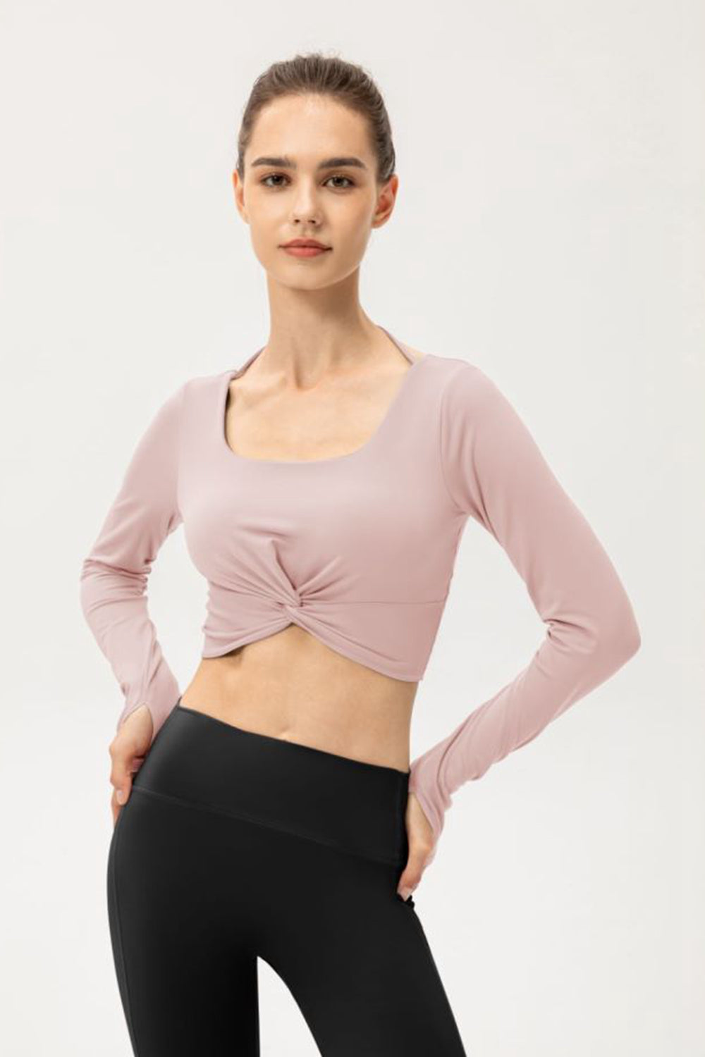 Twist Front Square Neck Long Sleeve Cropped Sports Top