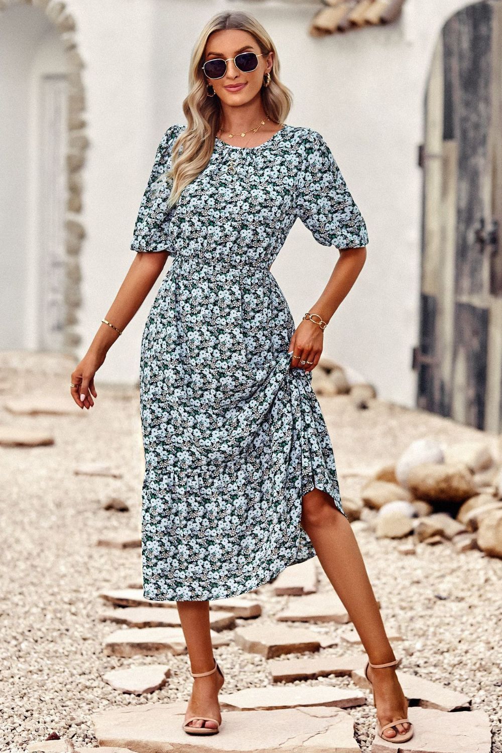 Floral Cutout Puff Sleeve Midi Dress