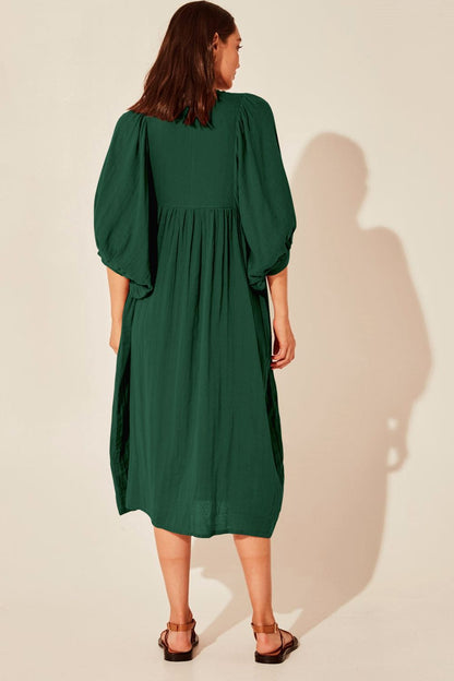 Tie Neck Lantern Sleeve Midi Dress