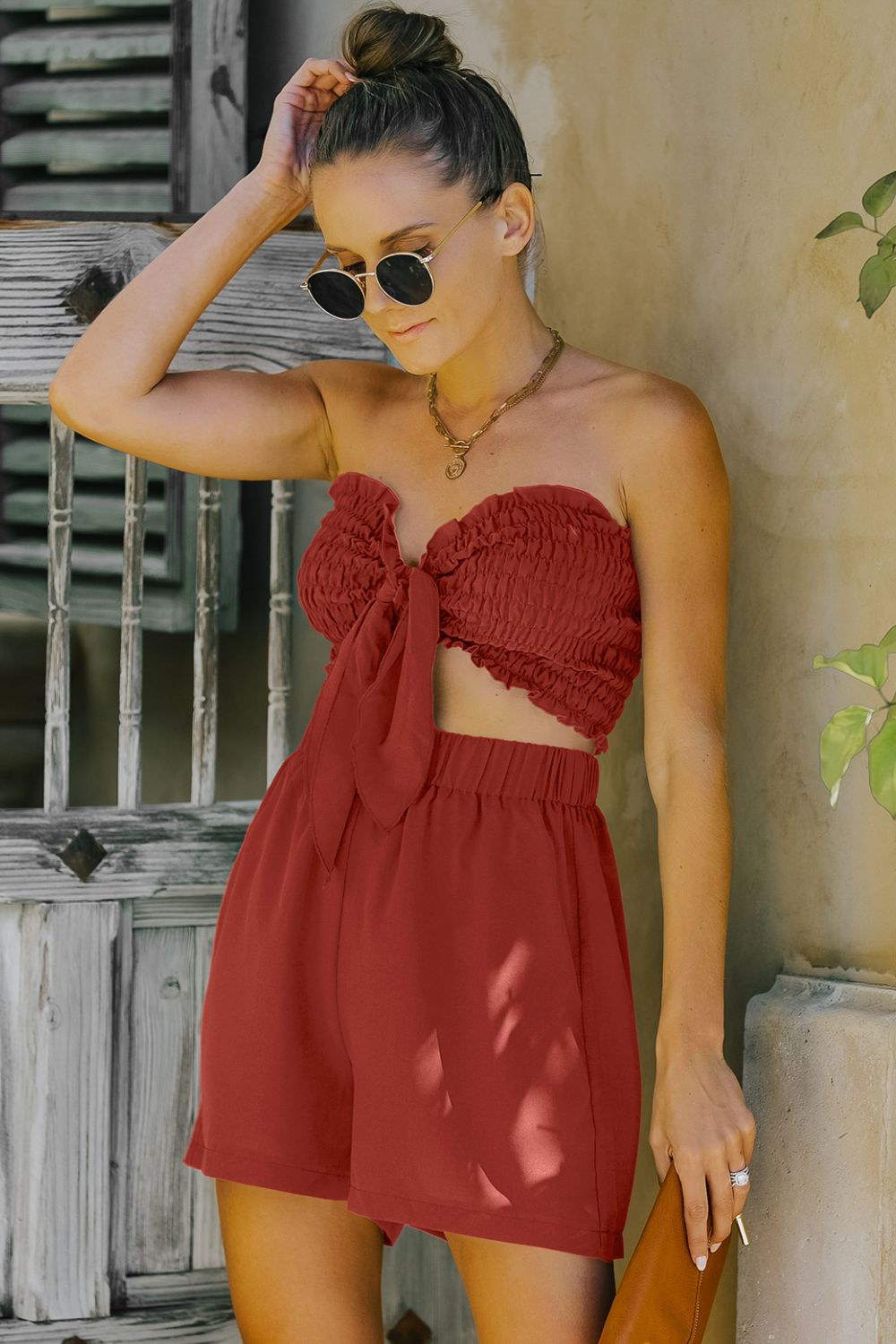 Smocked Frill Trim Tube Top and Shorts Set