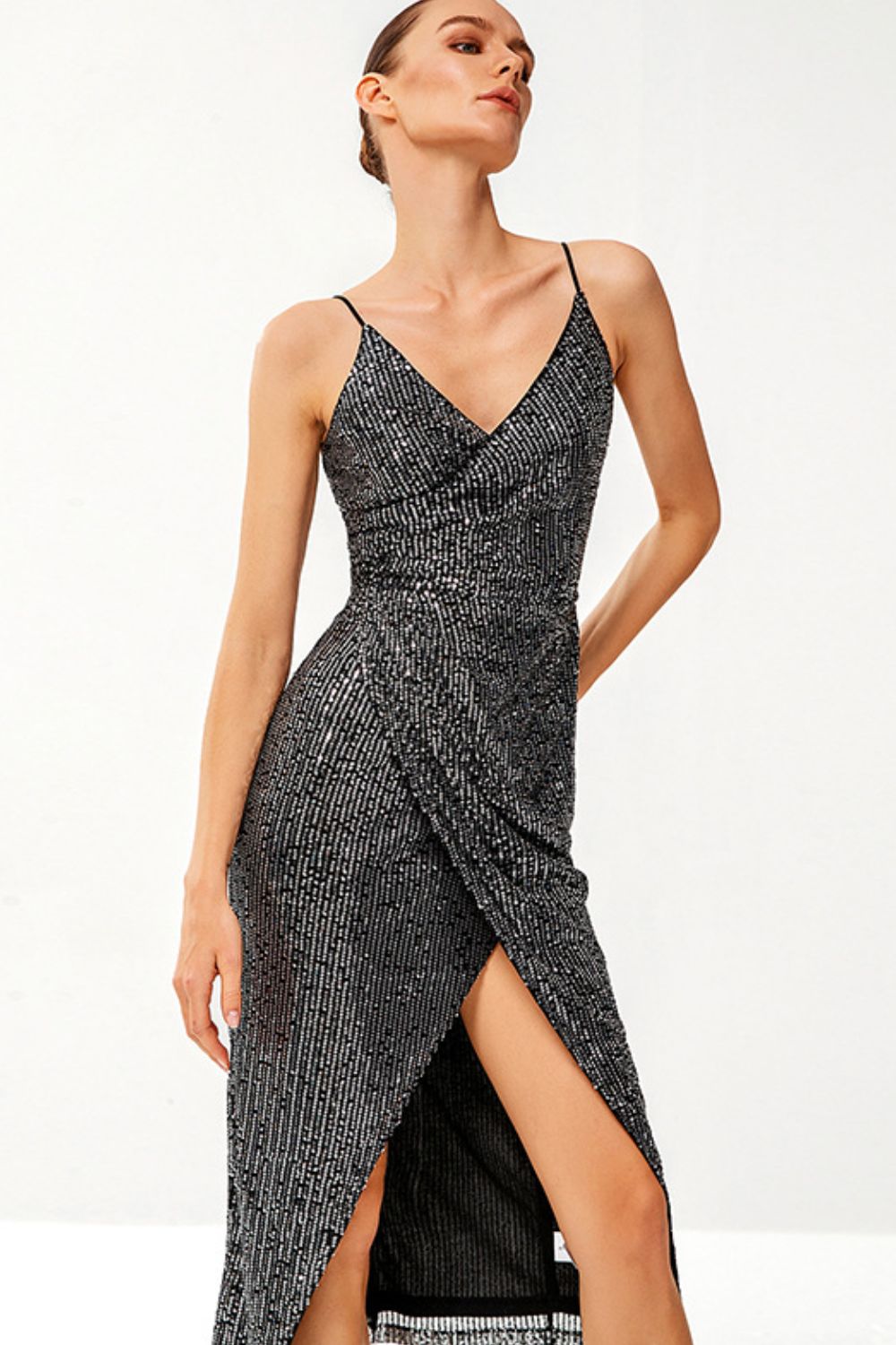 Sequined Spaghetti Strap Ruched Wrap Dress
