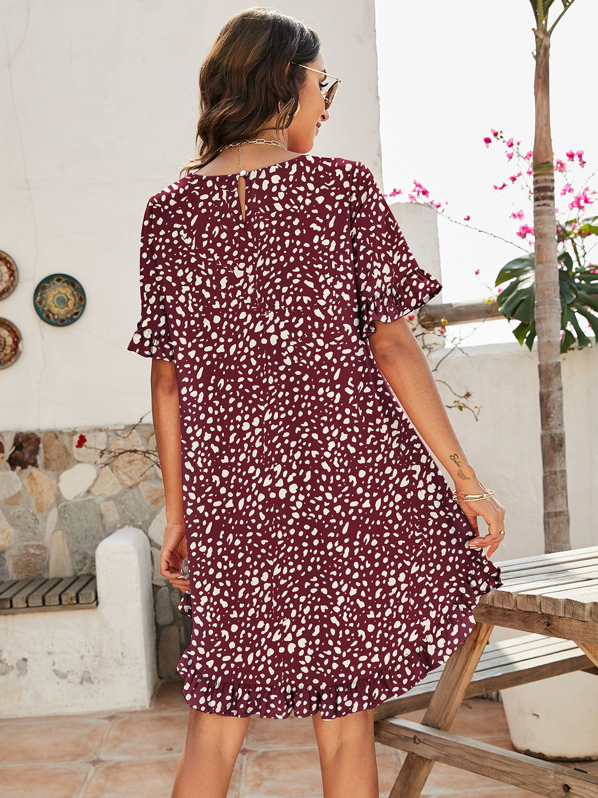 Printed Flounce Sleeve Ruffle Hem Dress