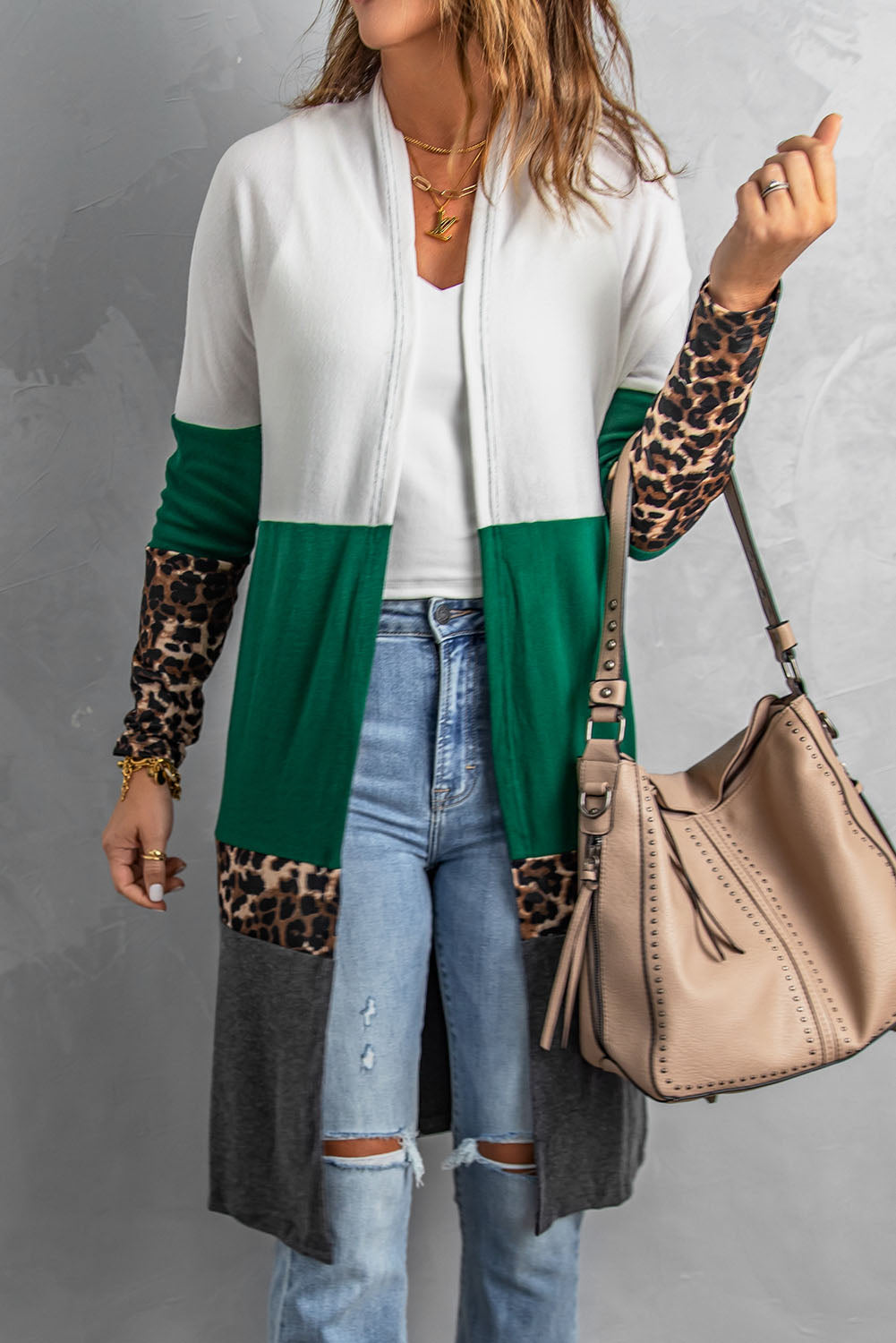 Leopard Color Block Open Front Longline Cardigan