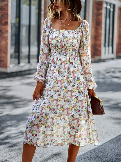 Floral Square Neck Smocked Balloon Sleeve Dress