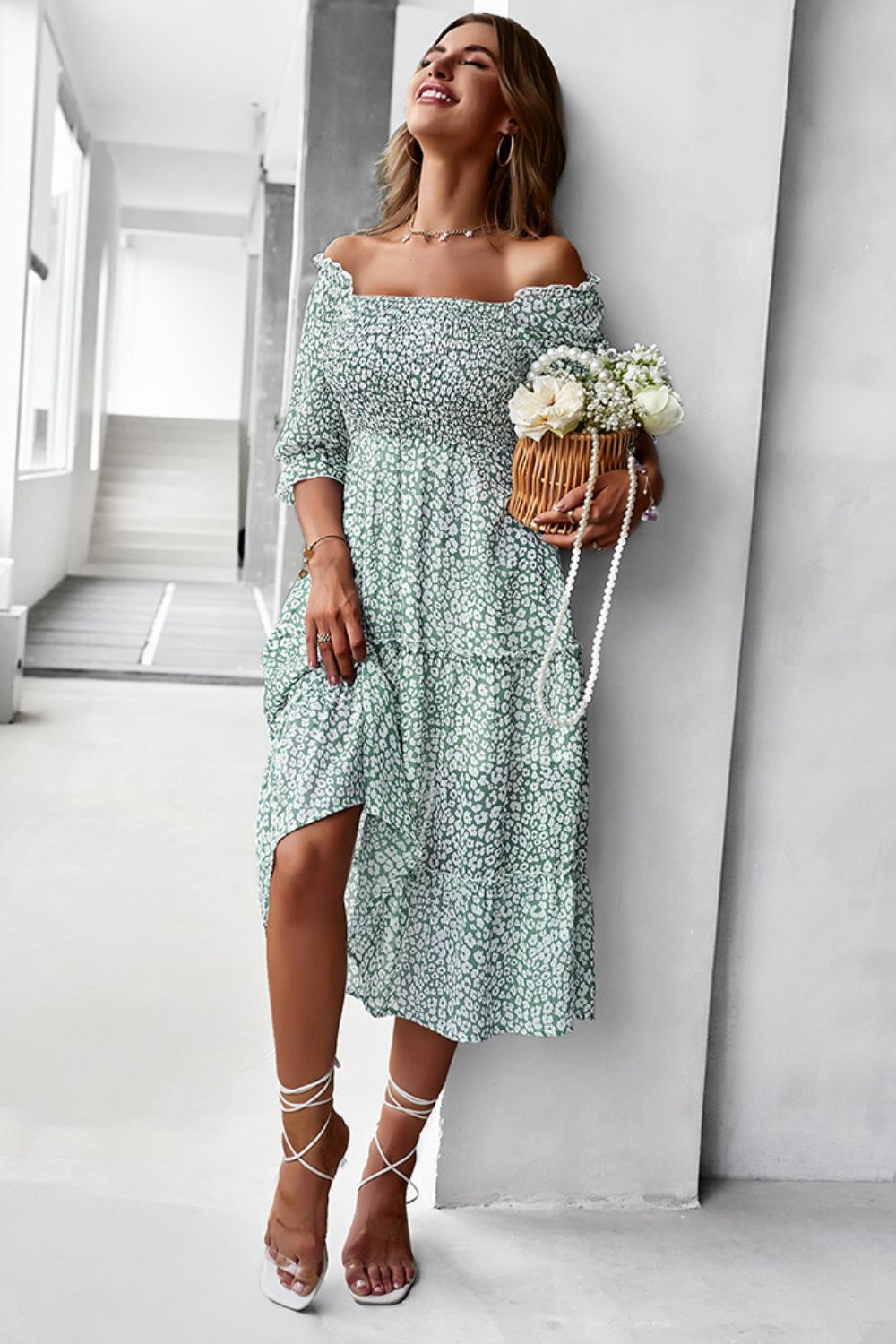 Ditsy Floral Off-Shoulder Smocked Midi Dress