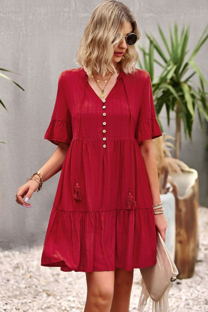 Tie Neck Buttoned Flounce Sleeve Dress