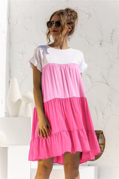 Color Block Round Neck Ruffle Hem Dress