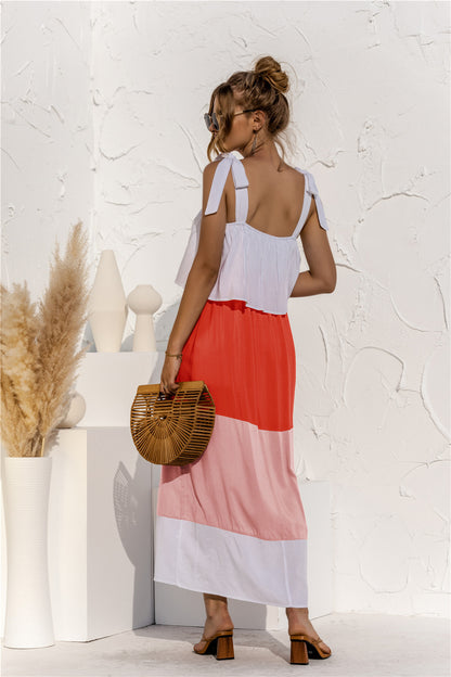 Color Block Tie Shoulder Tiered Sleeveless Dress