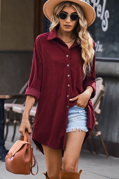 Button Front Curved Hem Raglan Sleeve Shirt Dress