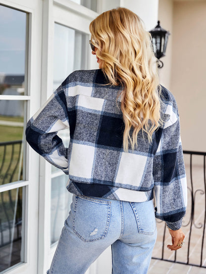 Plaid Button Front Dropped Shoulder Collared Jacket