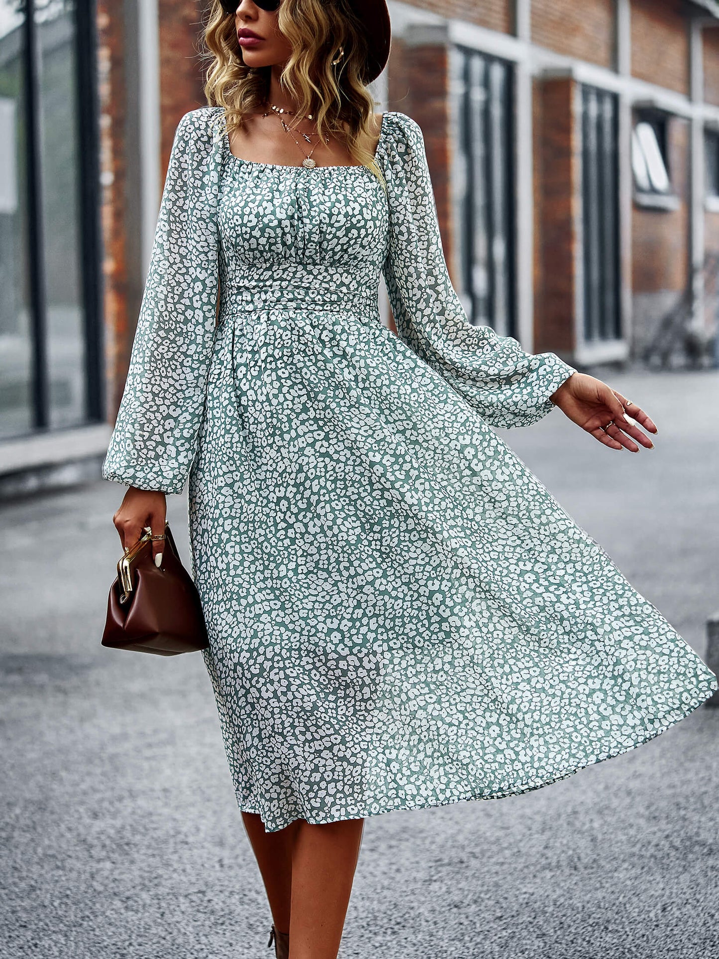 Floral Square Neck Smocked Balloon Sleeve Dress