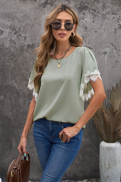 Satin Lace Flutter Sleeve Top