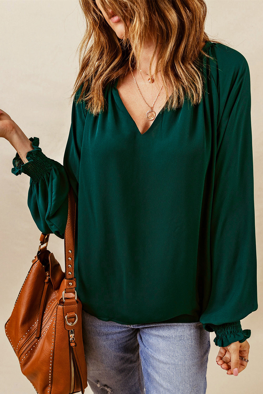 Notched Neck Lantern Sleeve Blouse