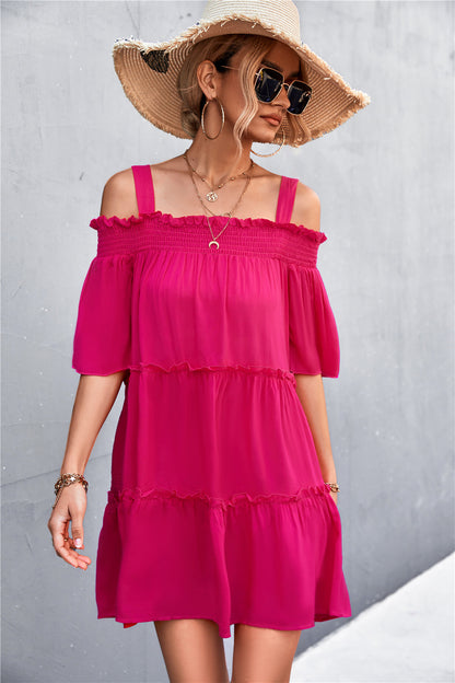 Cold-Shoulder Frill Trim Tiered Dress