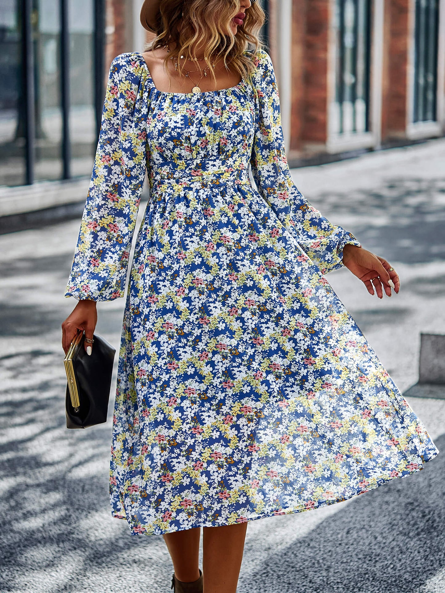 Floral Square Neck Smocked Balloon Sleeve Dress