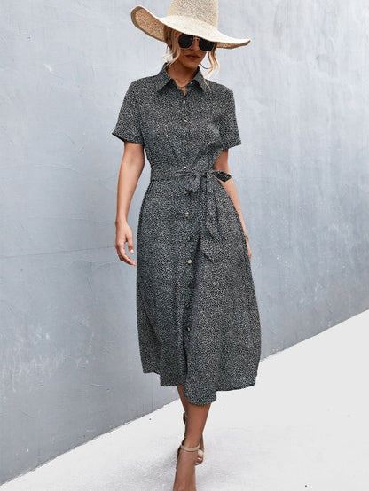 Printed Tie Waist Short Sleeve Shirt Dress