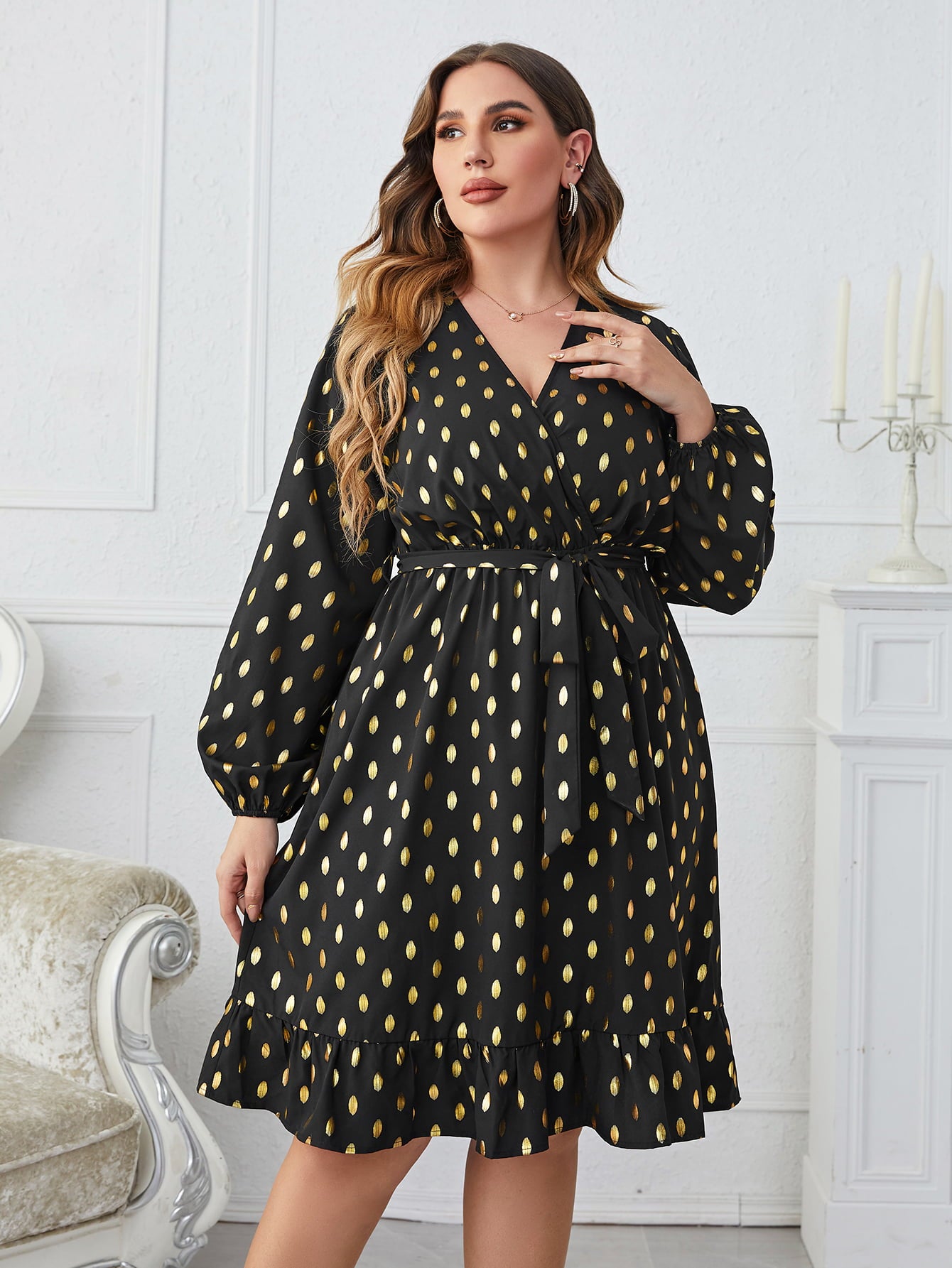 Plus Size Printed Surplice Neck Knee-Length Dress