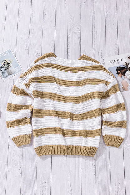 Two-Tone Striped Open Front Ribbed Trim Cardigan