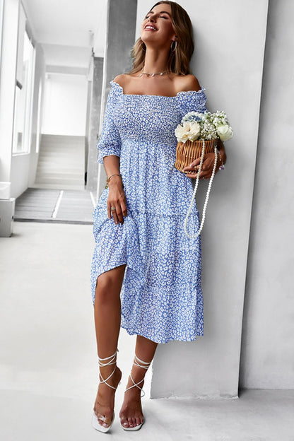 Ditsy Floral Off-Shoulder Smocked Midi Dress