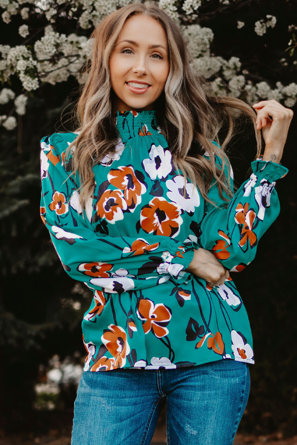 Floral Smocked Mock Neck Flounce Sleeve Blouse