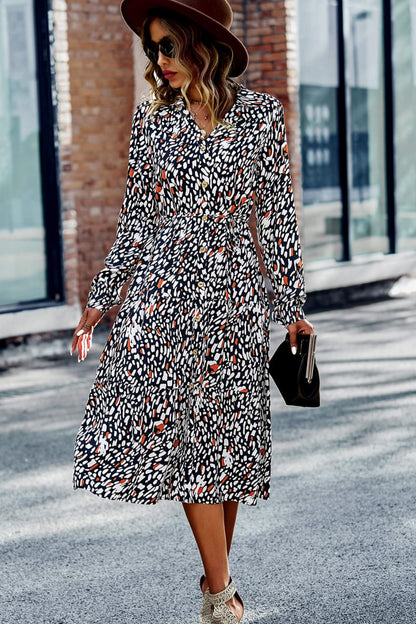 Printed Button Front Belted Tiered Shirt Dress