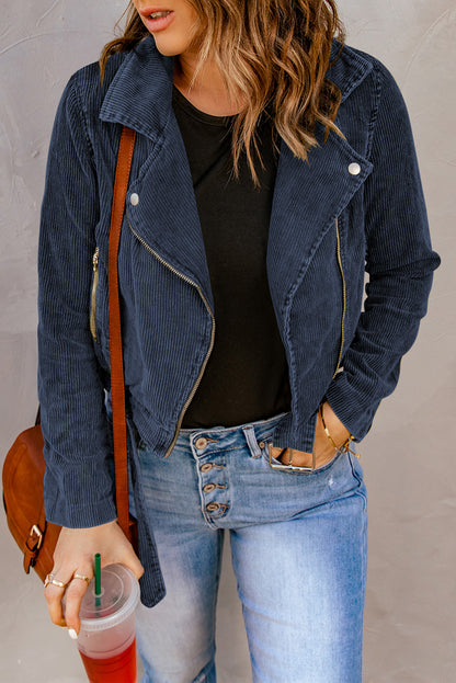 Belted Zip-Up Corduroy Jacket