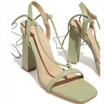Women Shoes Square Toe Ankle Lace-Up Strappy Sandals Fashion Party Pumps