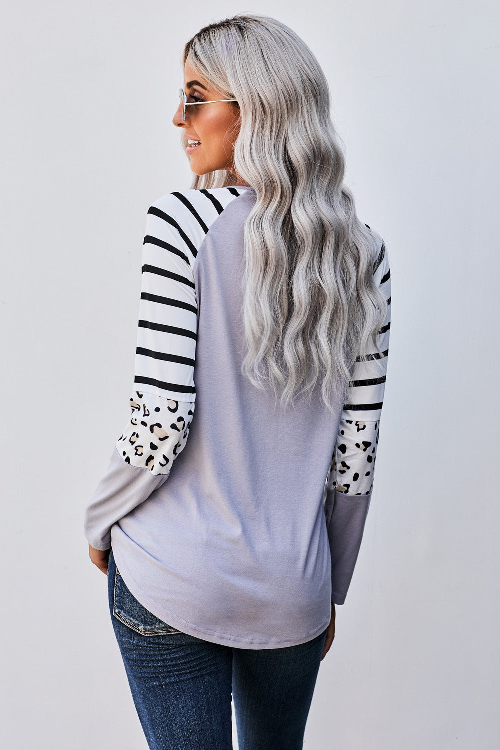 Leopard Panel Striped Raglan Sleeve Top