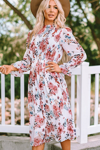 Floral Mock Neck Flounce Sleeve Midi Dress