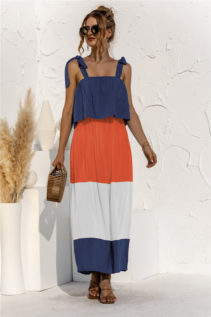 Color Block Tie Shoulder Tiered Sleeveless Dress